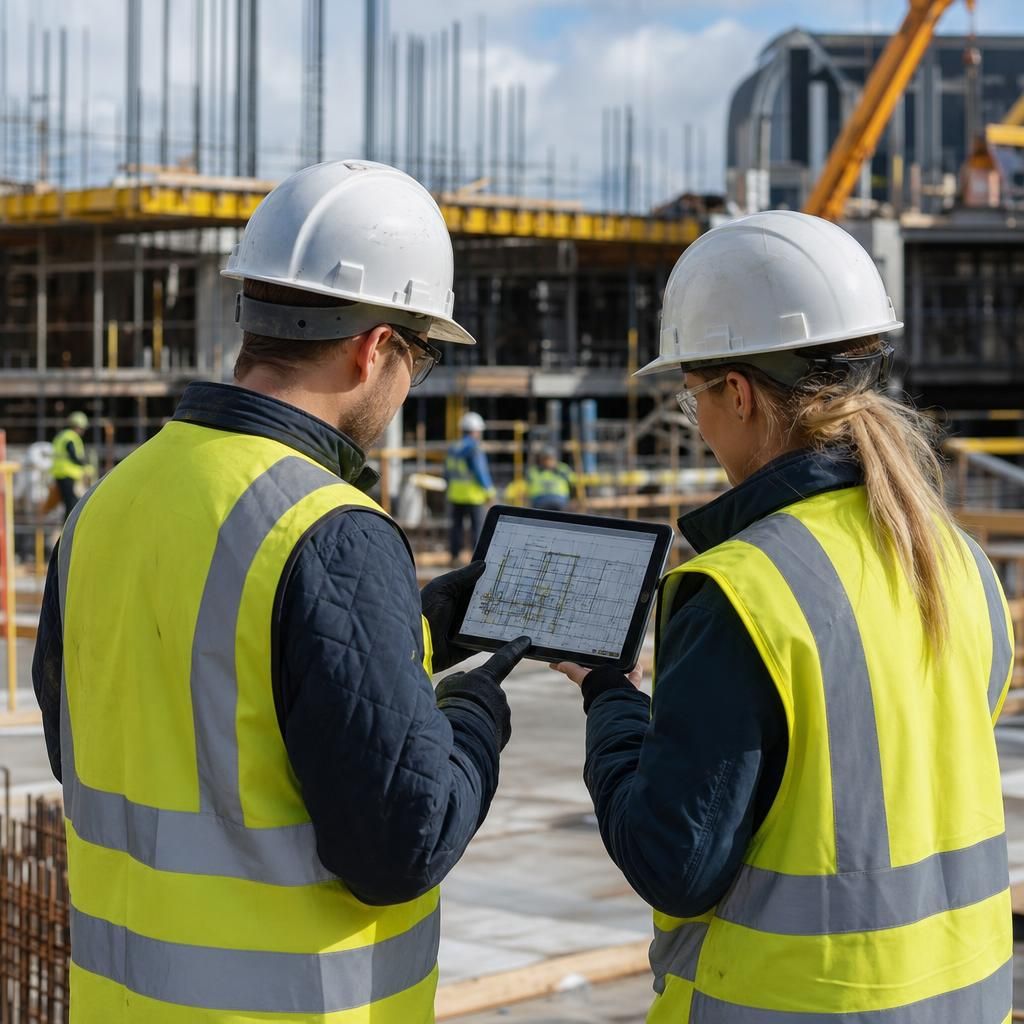 Construction worker accessing software on a mobile device